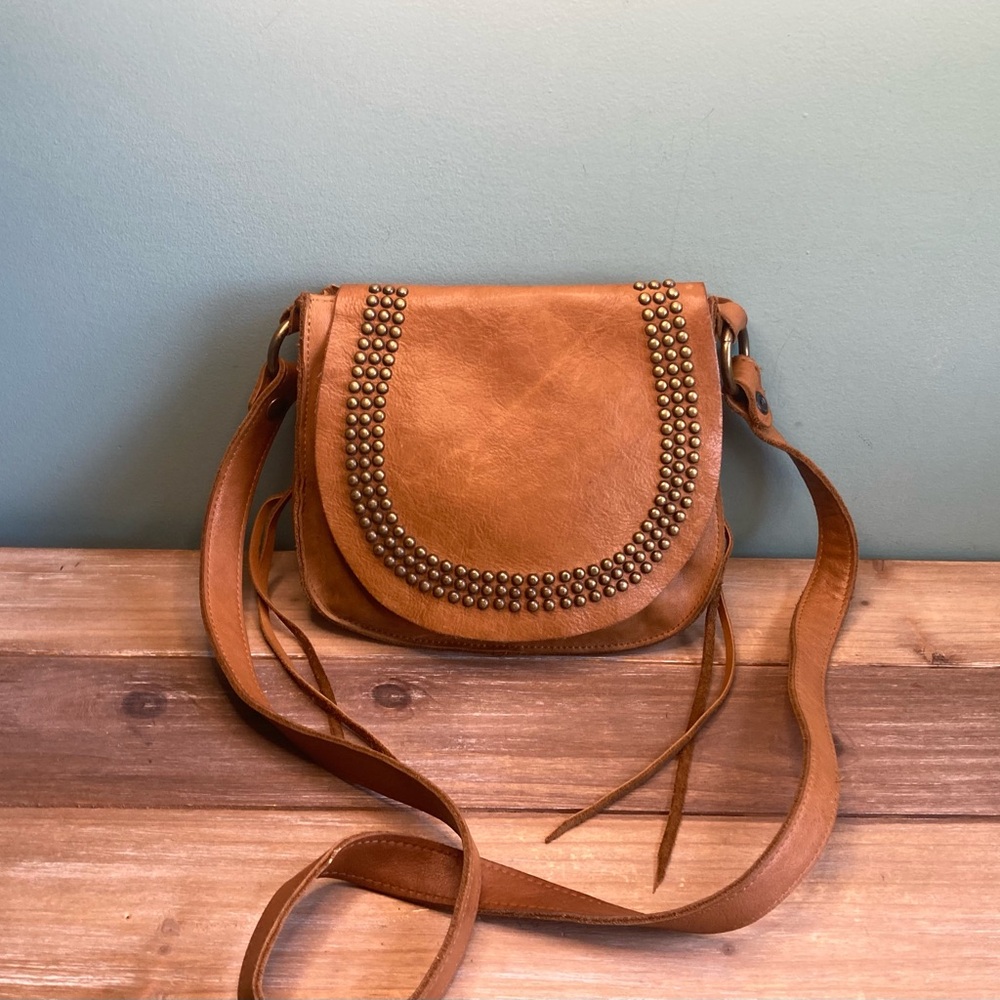 McFadin leather studded fringe saddle bag